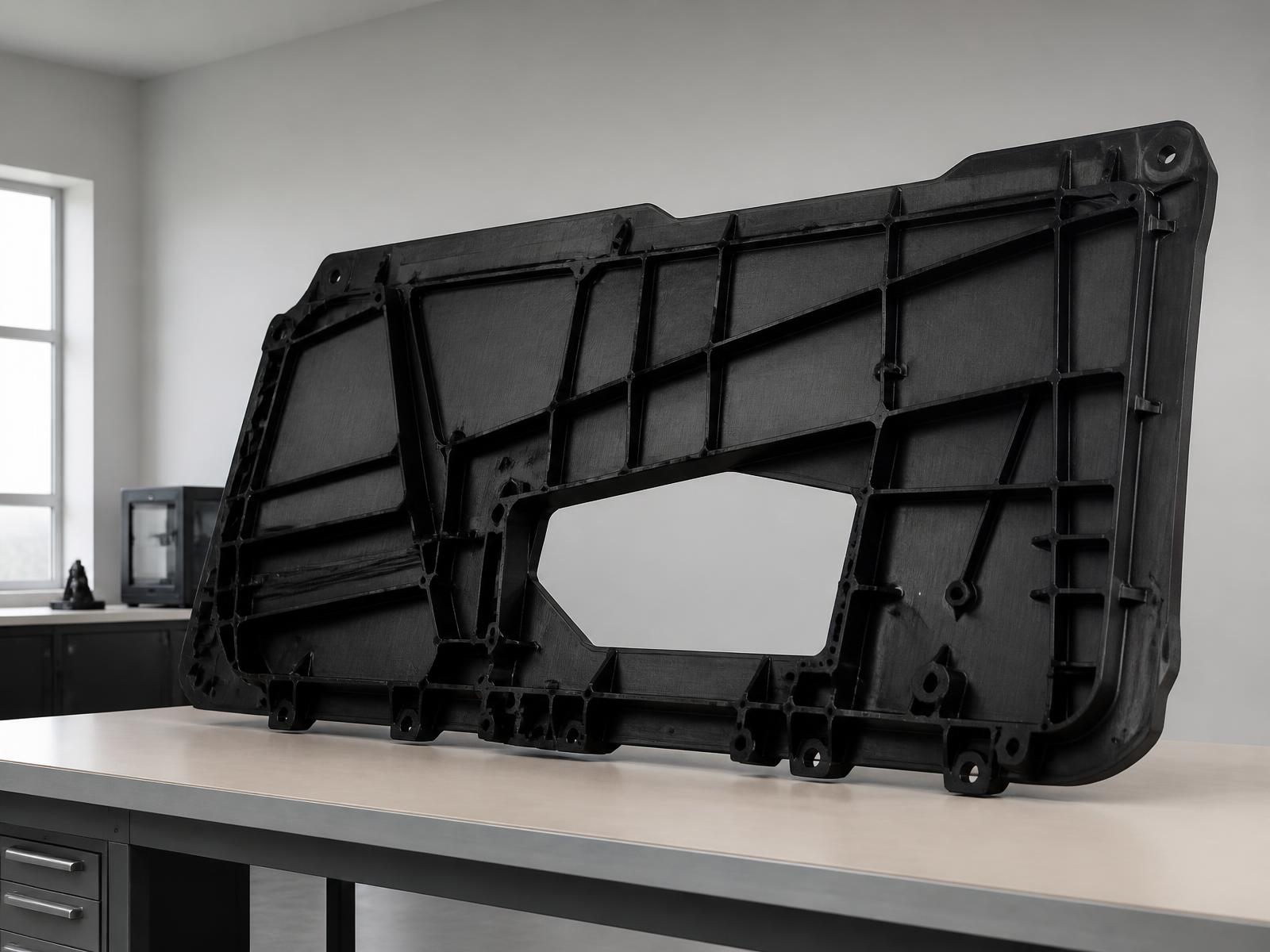 Grand carter technique nervuré imprimé en 3D posé sur un établi d'atelier