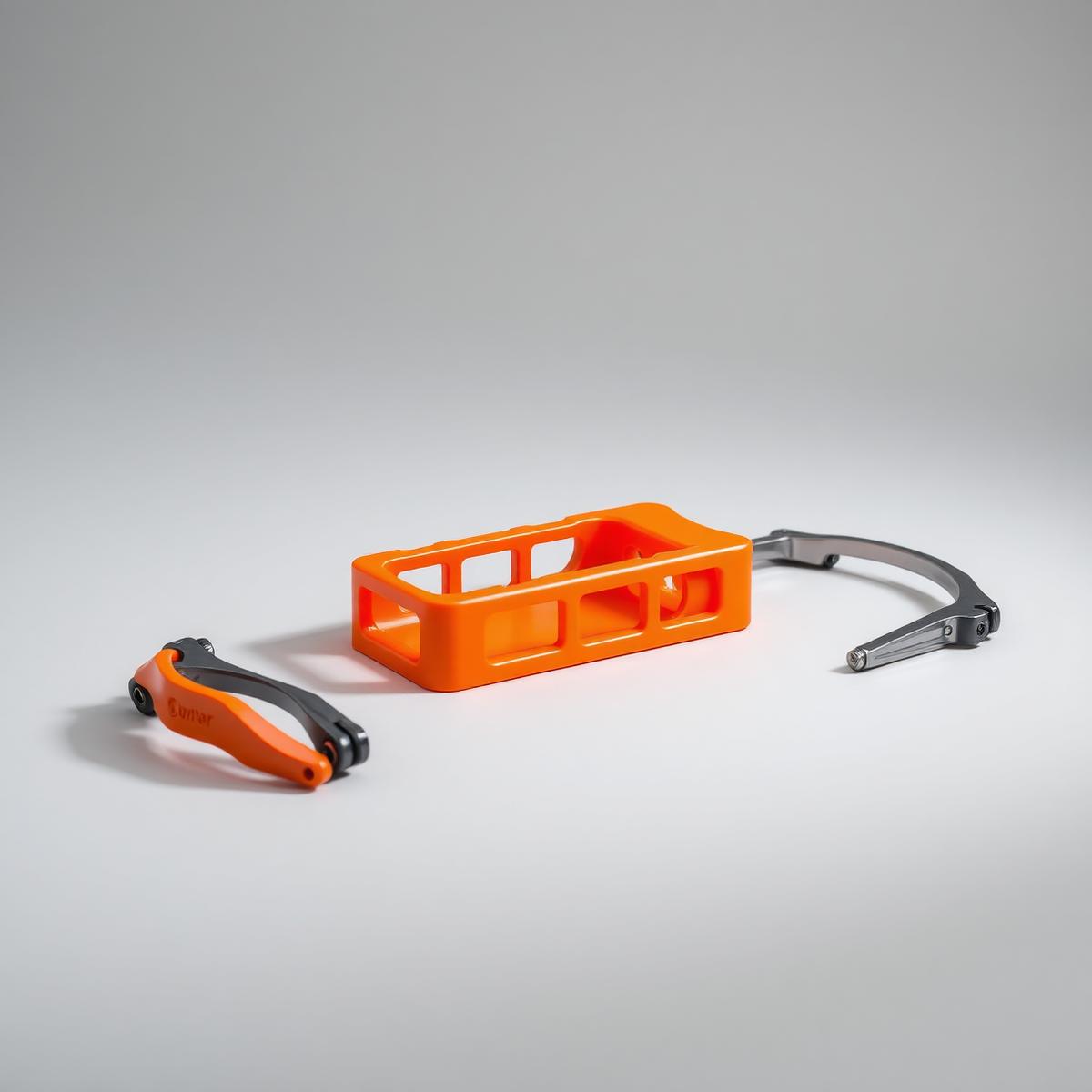 Prototype orange de carter de commande imprimé en 3D à côté de pièces mécaniques