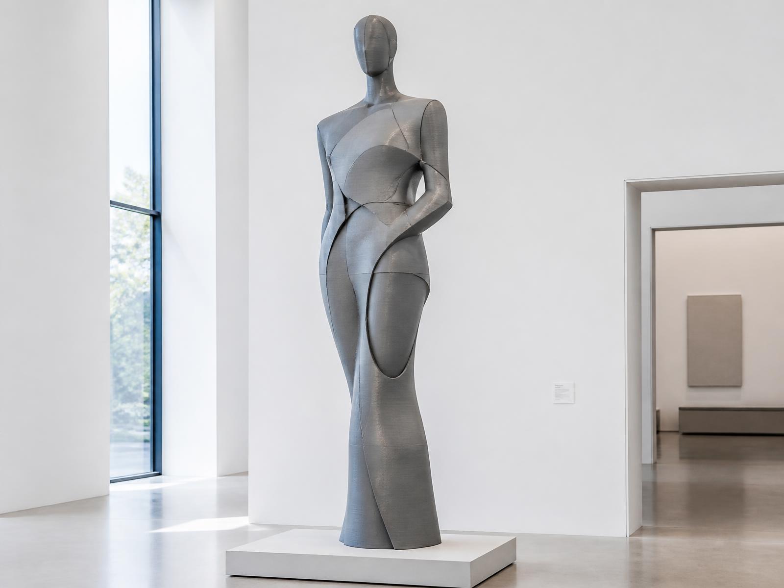 Statue taille réelle imprimée en 3D, exposée sur un socle dans un espace lumineux